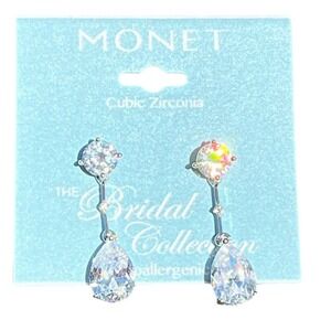 NEW Monet Pear Shape Drop Earrings CZ Glam Wedding Holiday Bride Elegant Bling